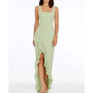 Dress The Population Charlene Maxi Gown Women's L Sage Green Ruffle Slit NEW